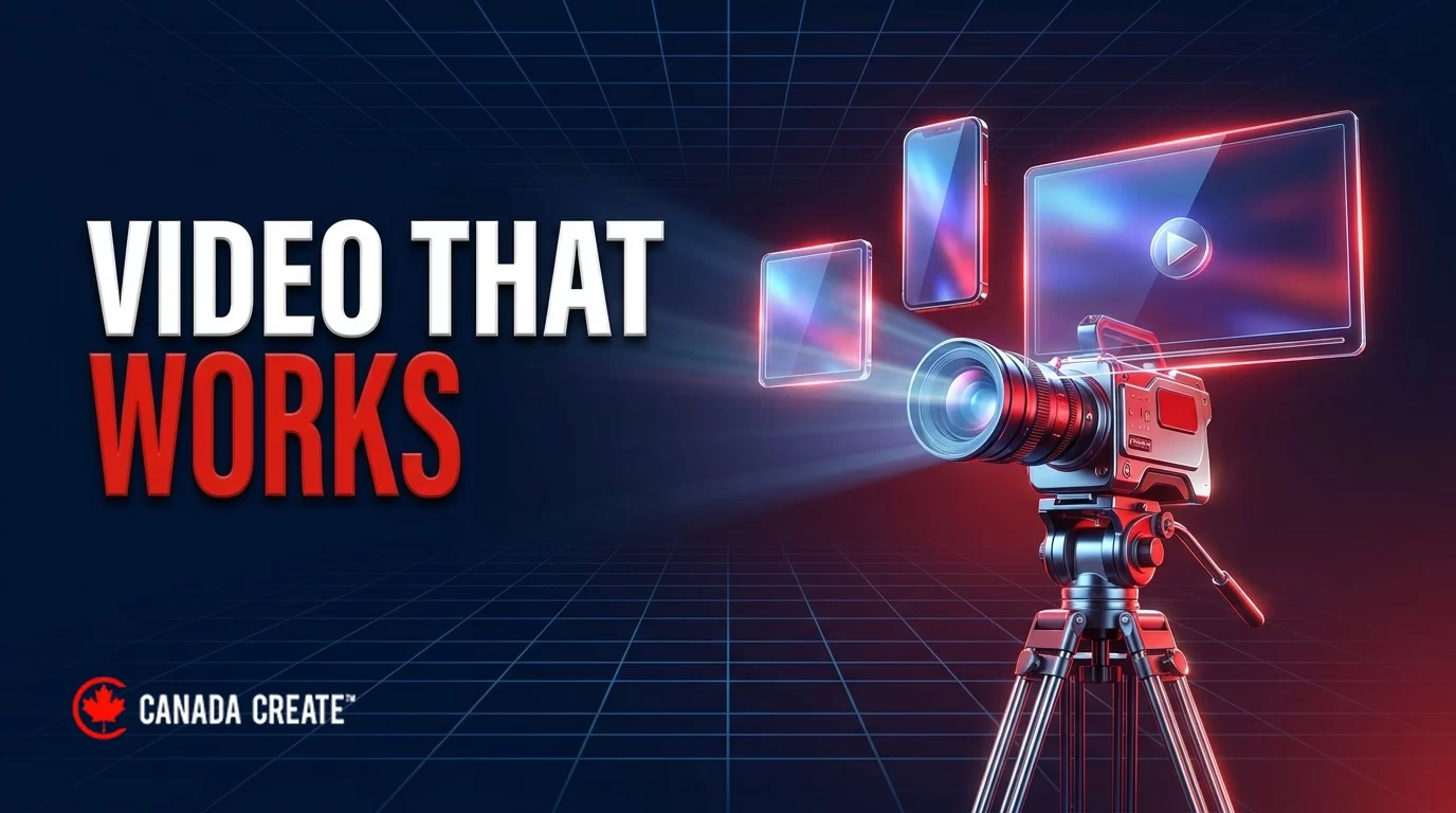 Video that works: a cinema camera projecting light into phone, square and wide screens