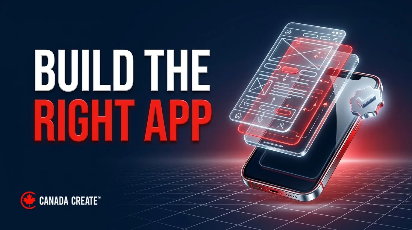 Build the right app: a phone with glowing wireframe layers lifting off its screen