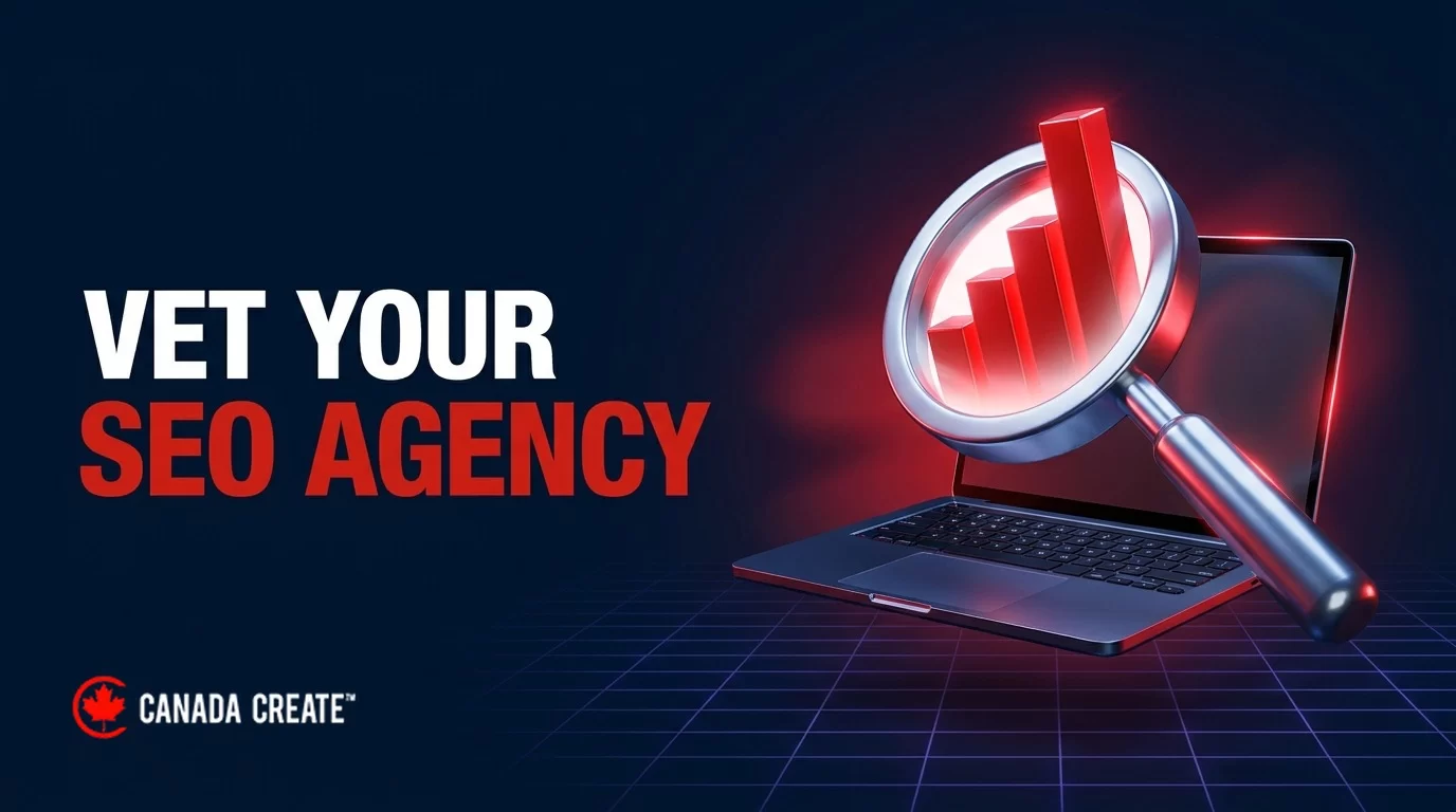 Vet your SEO agency: a magnifying glass over a laptop revealing a rising ranking chart