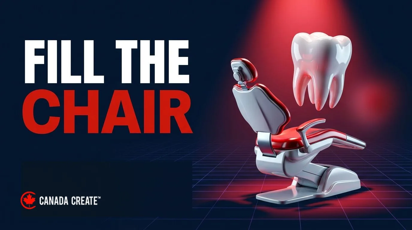 Fill the chair: a glossy dental chair under a red spotlight beside a giant white tooth model