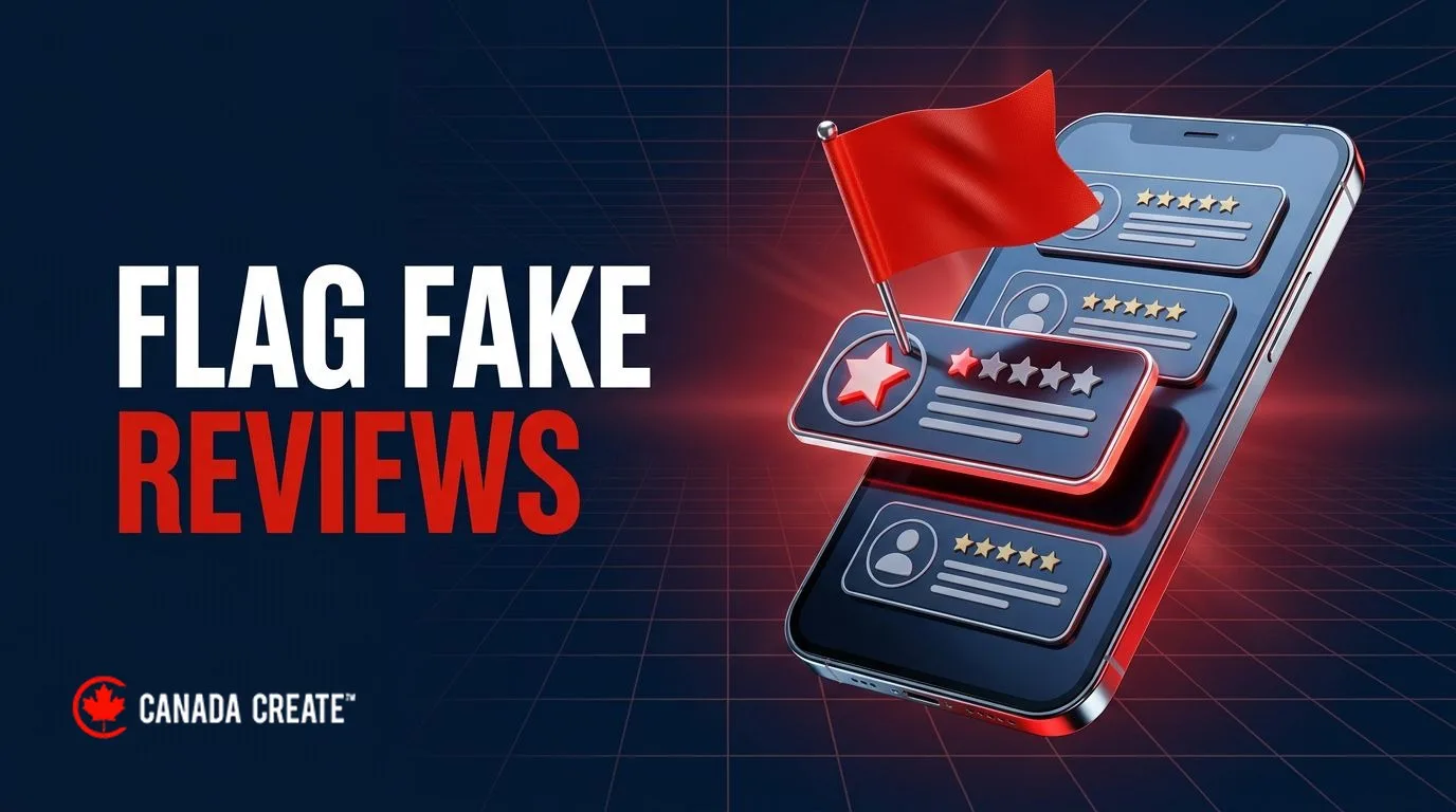 Flag fake reviews: a smartphone of review cards with a one-star card lifting out under a red flag