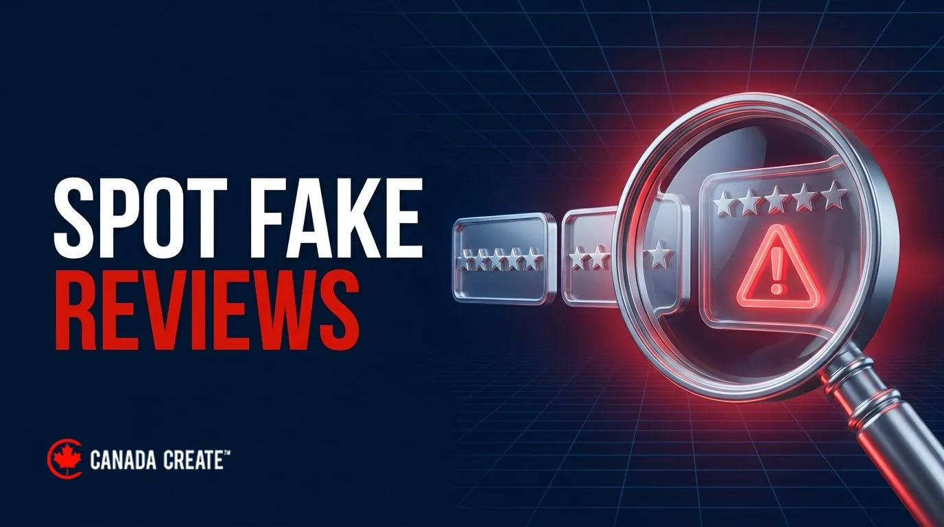 Spot fake reviews: a magnifying glass revealing a red warning sign behind a star rating card