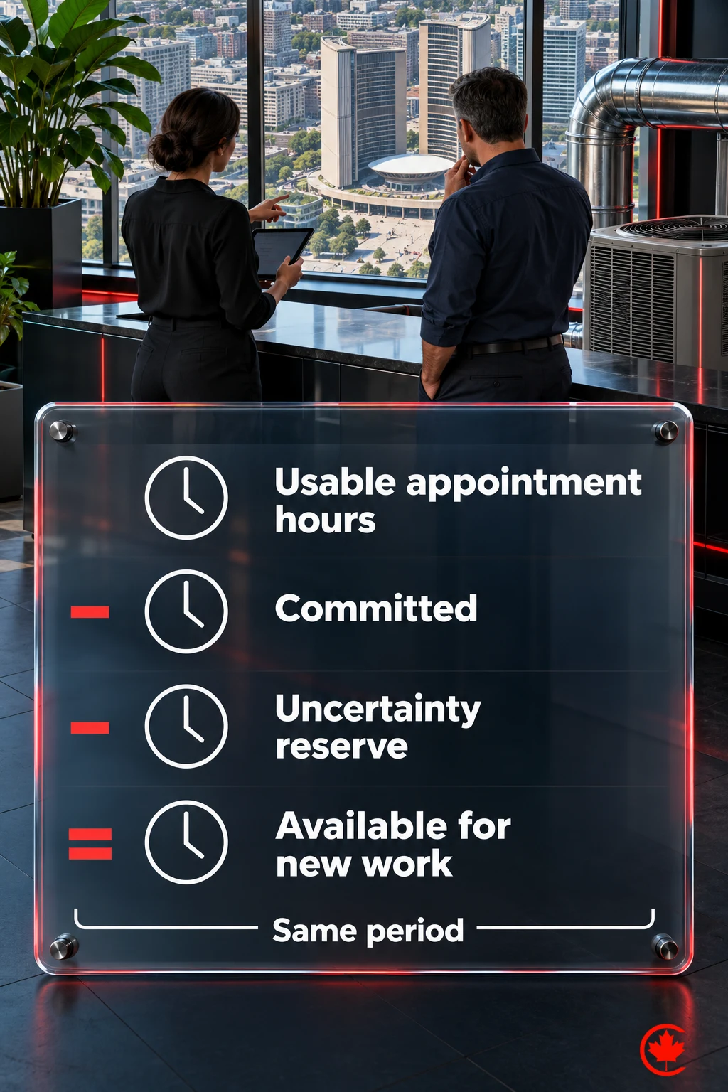 An HVAC scheduling diagram subtracts committed time and an uncertainty reserve from usable appointment hours in the same period to show time available for new work.