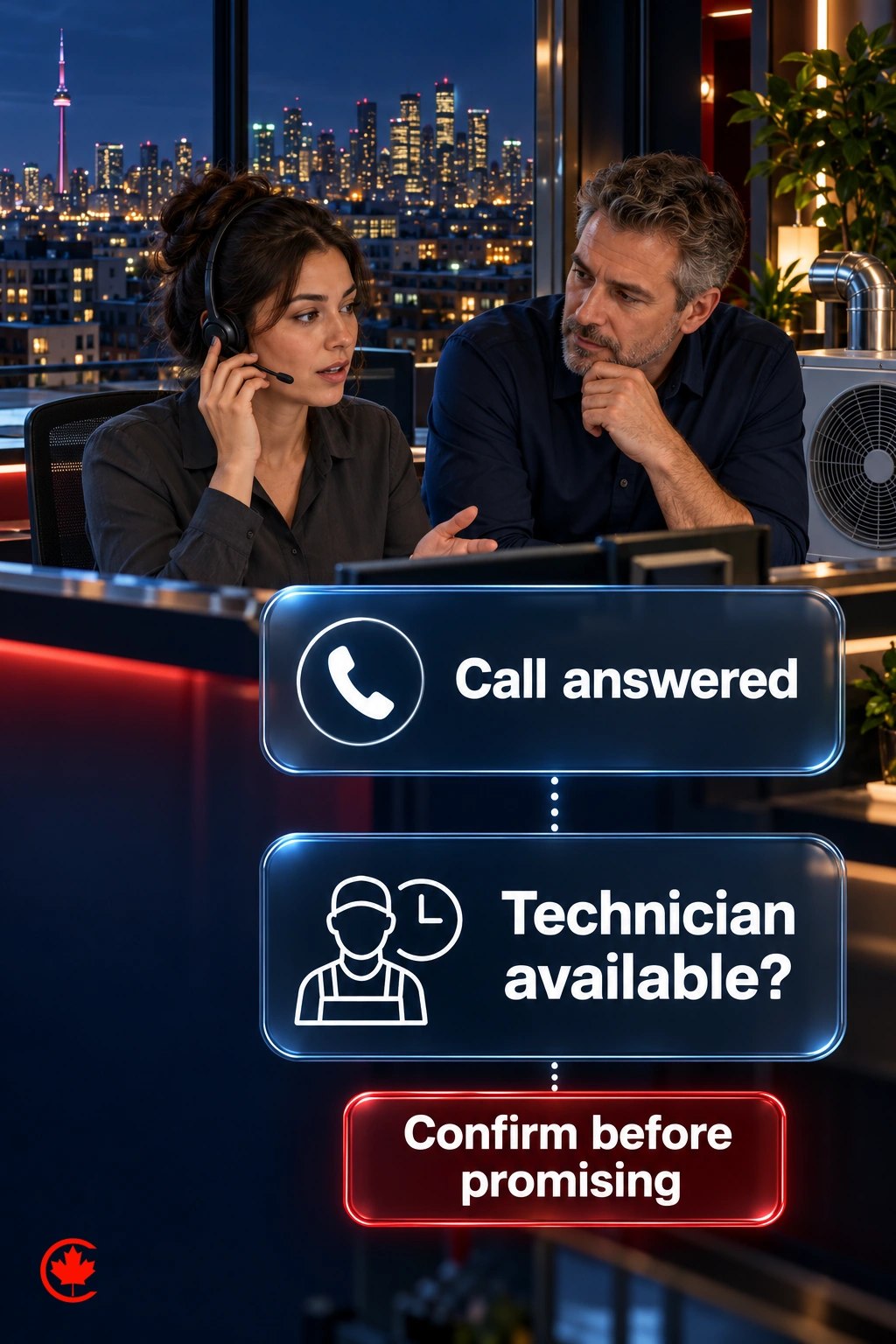 An HVAC coordinator separates an answered call from a question about technician availability, with confirmation required before promising attendance.