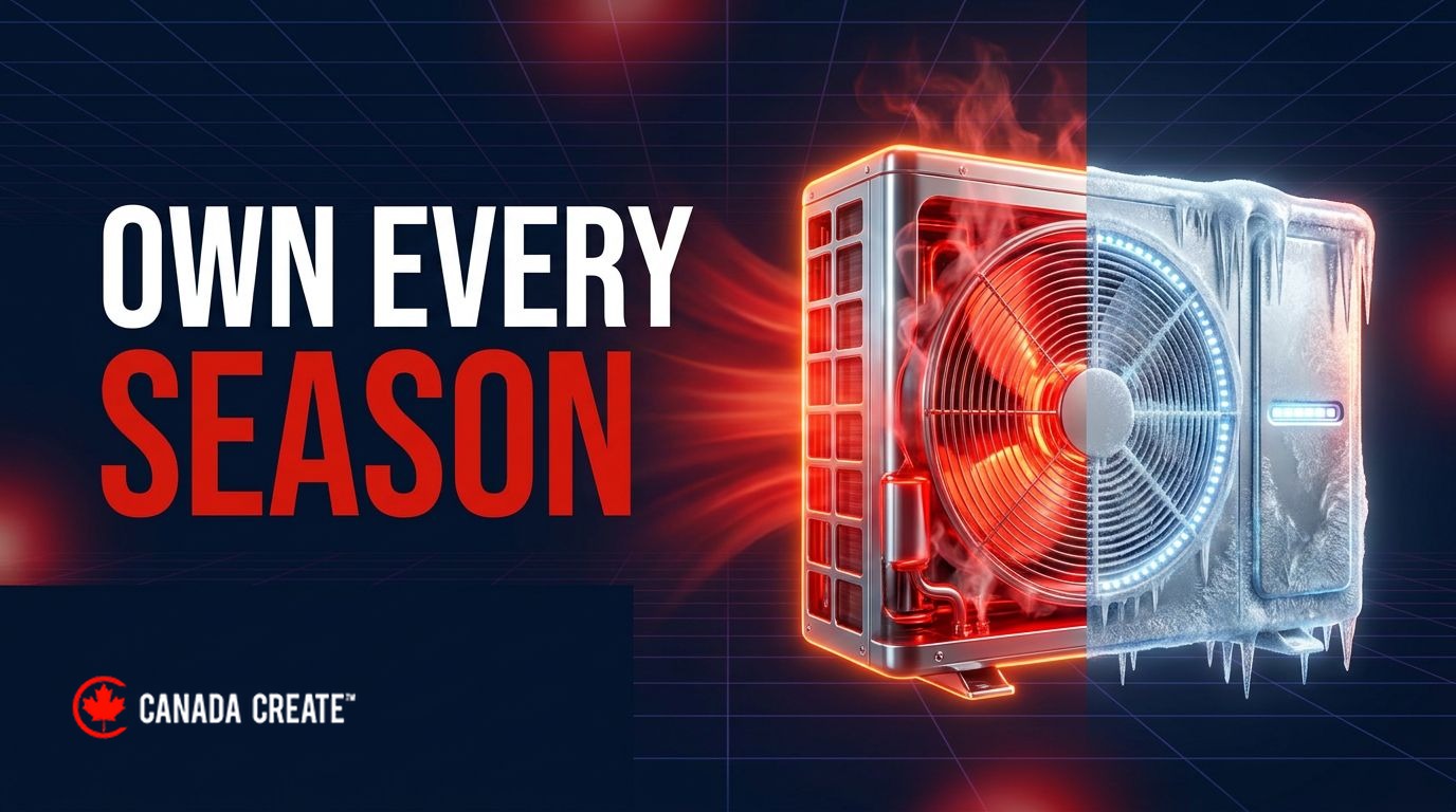 Own every season: a heat pump split down the middle, red heat waves on one side and silver frost on the other