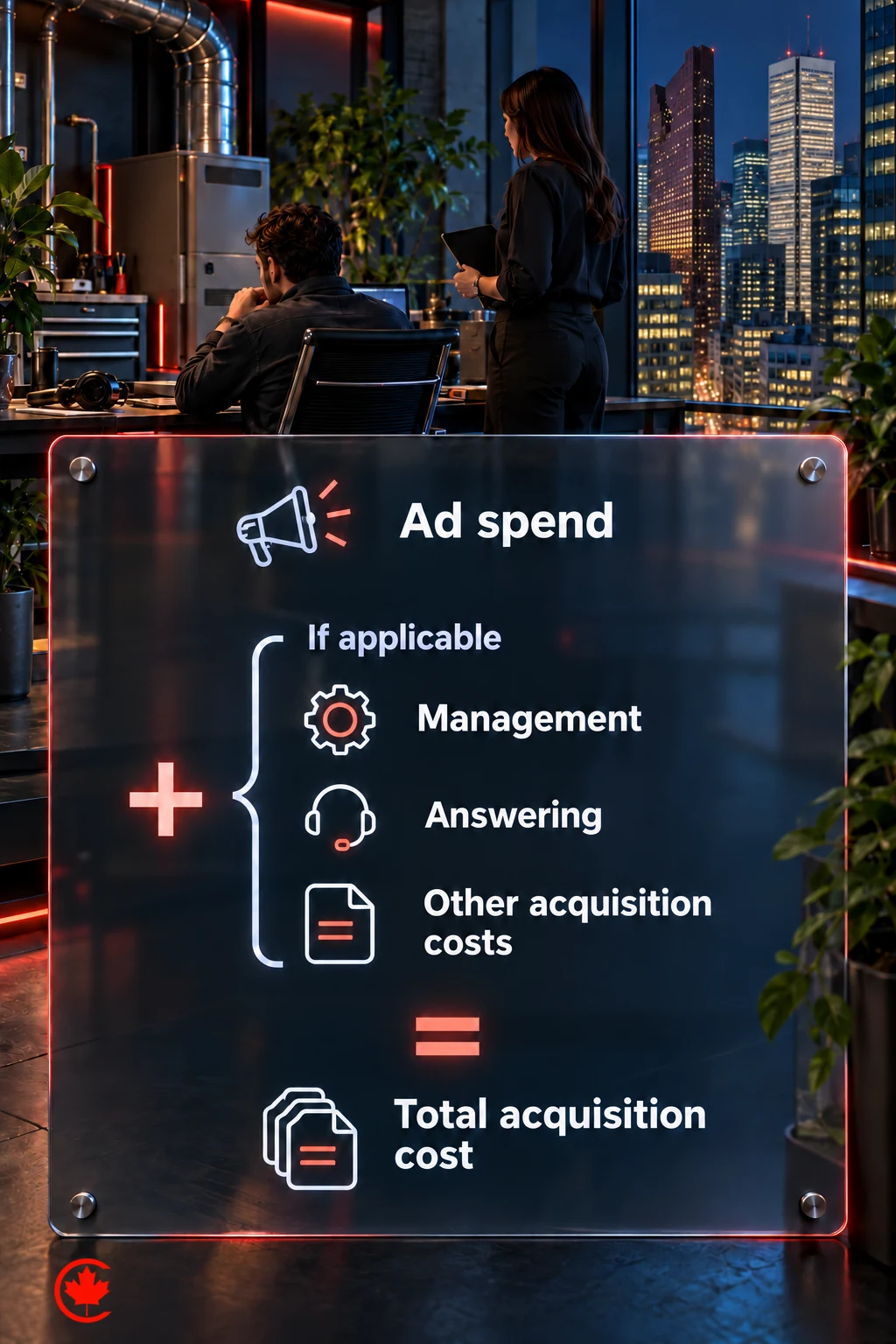 An HVAC acquisition-cost diagram combines ad spend with any applicable management, answering and other acquisition costs to show the total, without implying every category is charged.