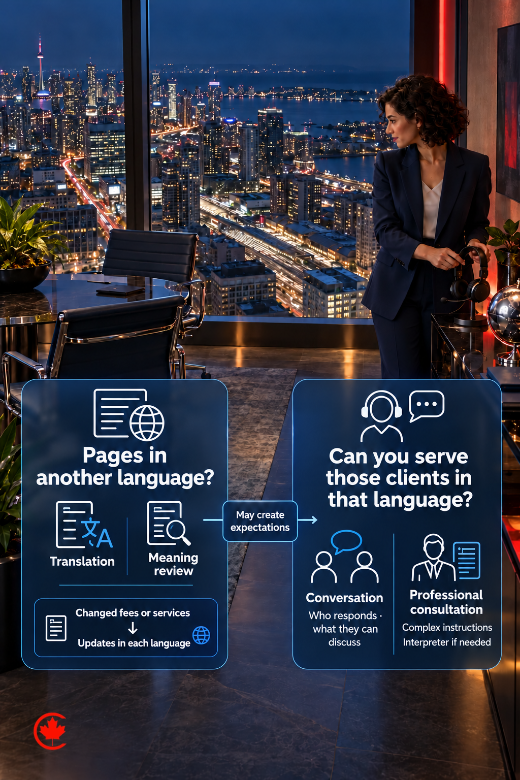 A translated-page question is paired with a service-readiness question asking whether the practice can serve those clients in that language.