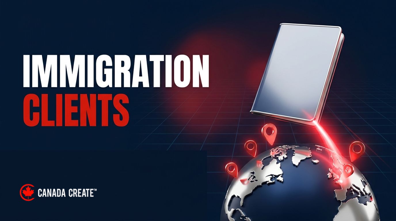 Immigration clients: a passport floating above a chrome globe with red location pins linked by a beam of light