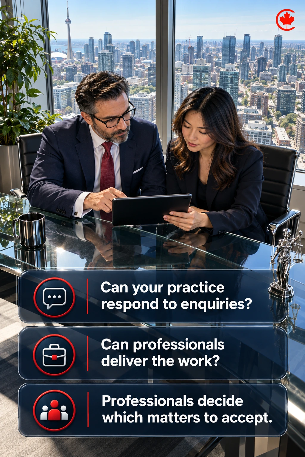 Immigration-practice panels separate responding to enquiries, delivering work and professional decisions about which matters to accept.