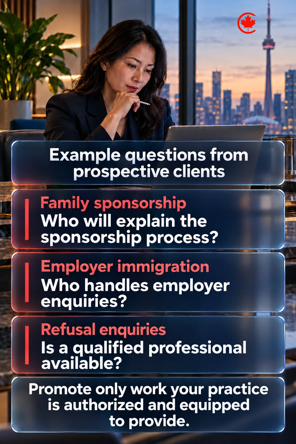 Example questions from prospective clients ask who will explain the sponsorship process, who handles employer enquiries and whether a qualified professional is available for a refusal enquiry. The practice should promote only work it is authorized and equipped to provide.
