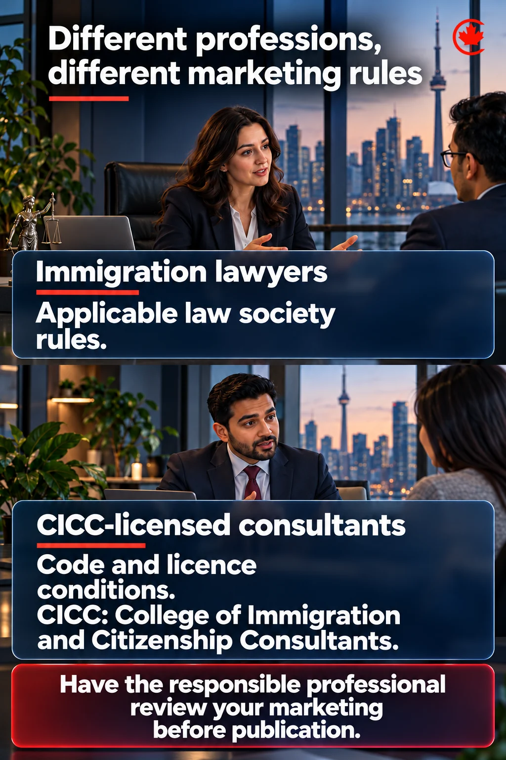 Separate panels pair immigration lawyers with their applicable law society rules and CICC-licensed consultants with their Code and licence conditions. CICC is expanded as College of Immigration and Citizenship Consultants. The responsible professional should review marketing before publication.