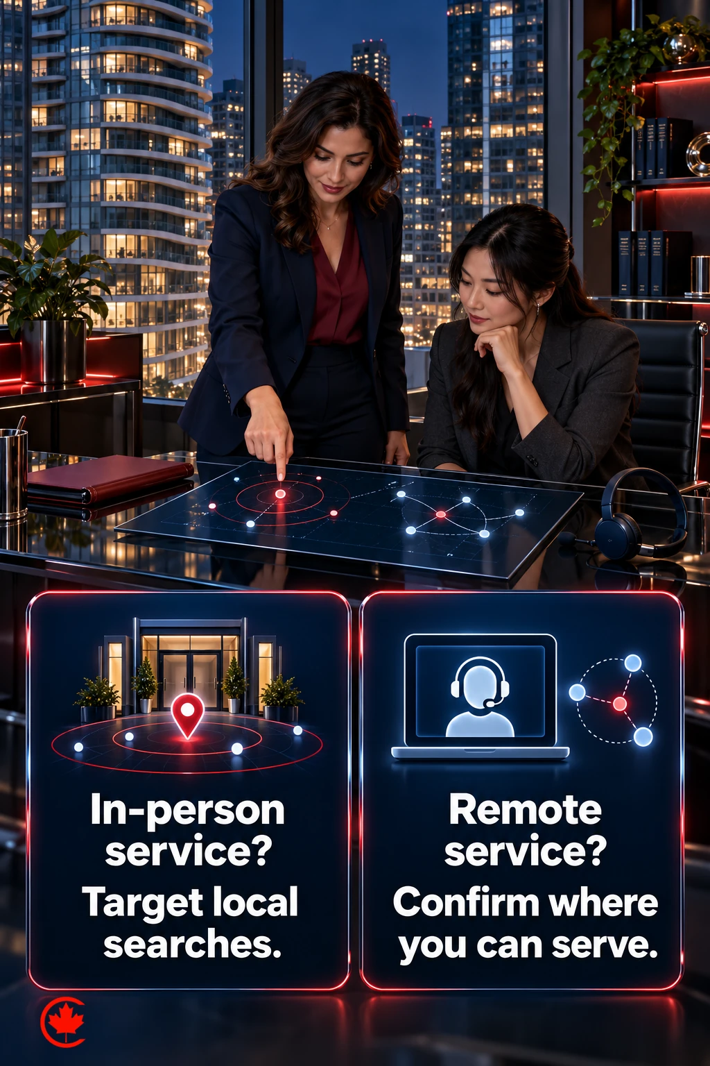 Two search-area decisions: target the consultation area for in-person service and confirm where remote service can actually be provided.