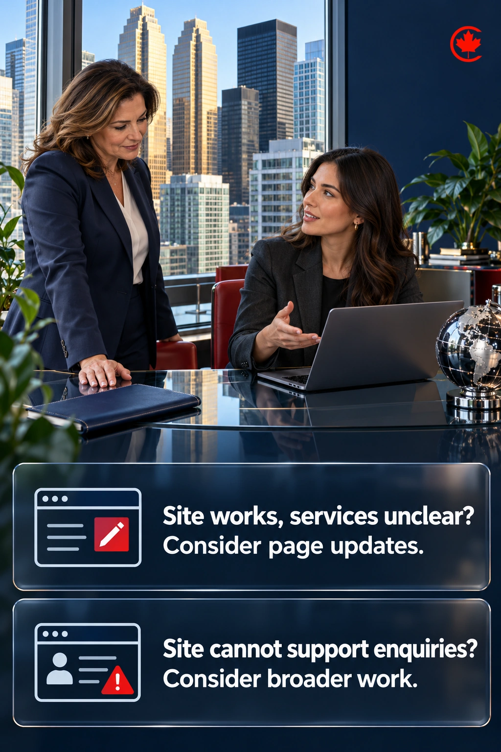 Two website problems are paired with options: unclear service information on a usable site suggests considering page updates; a site that cannot support enquiries suggests considering broader work.