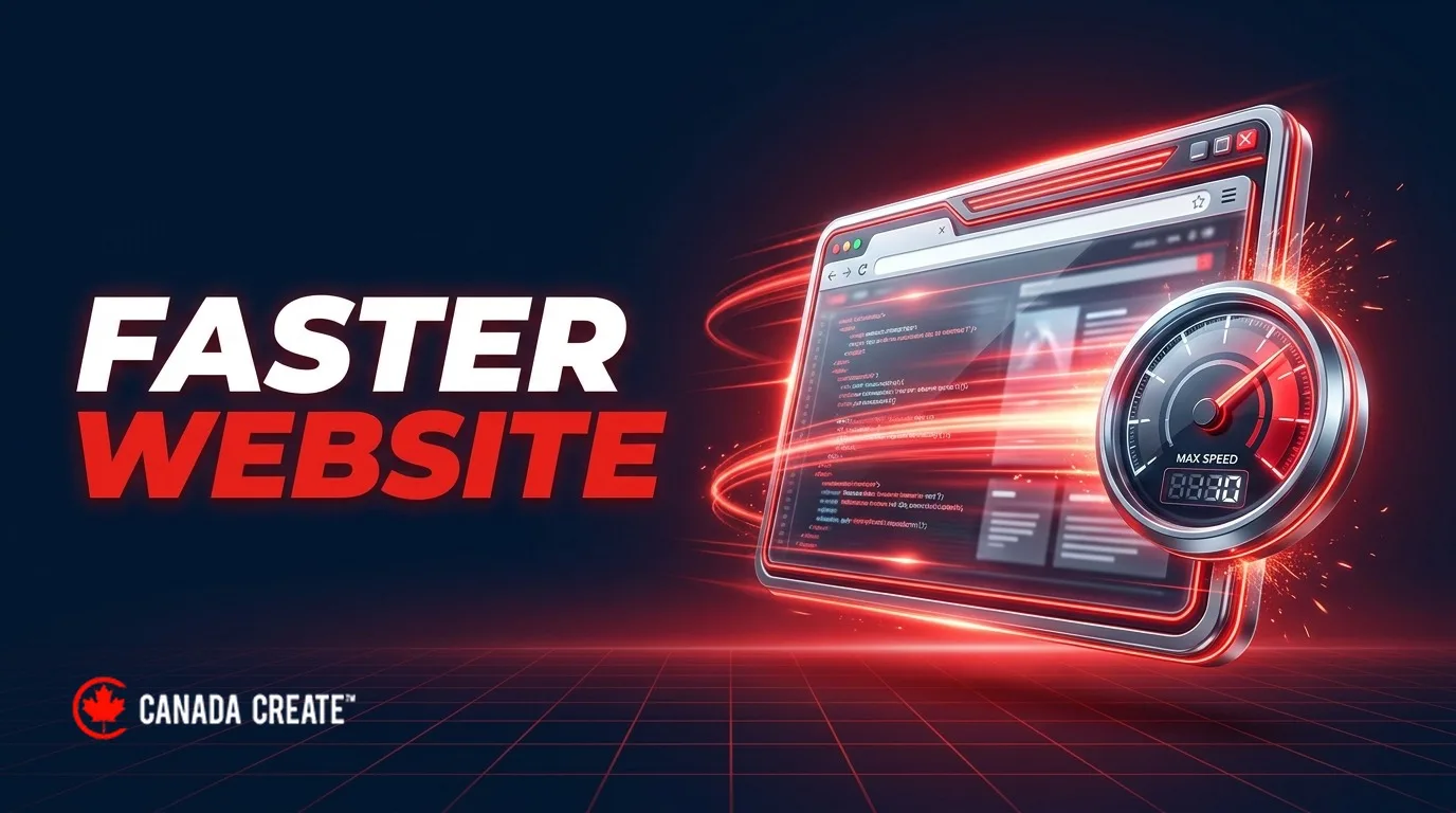 Faster website: a browser window rocketing forward beside a speedometer in the red