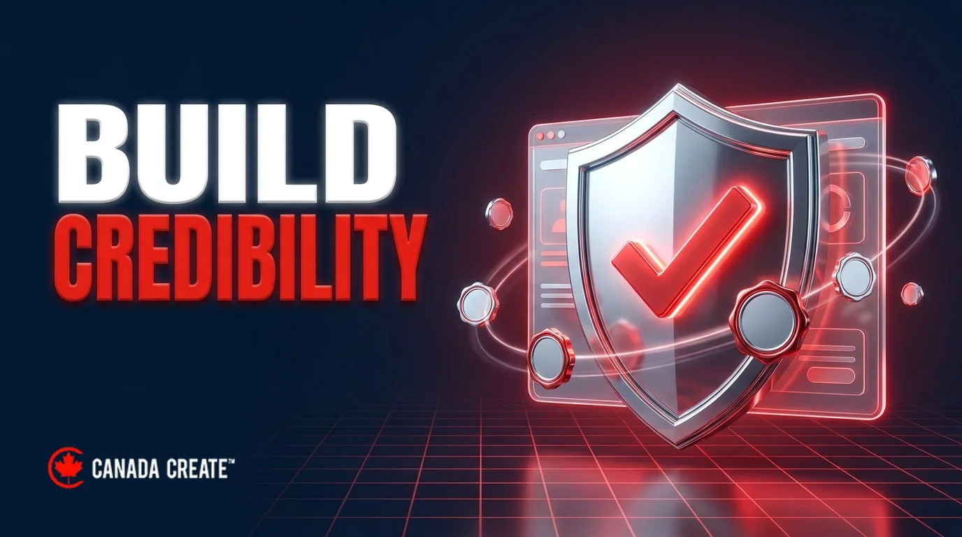 Build credibility: a silver shield with a red checkmark in front of a website panel