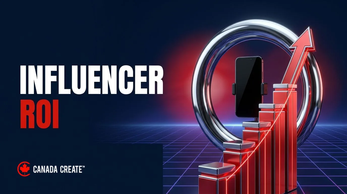 Influencer ROI: a chrome ring light with a smartphone at its centre and a red bar chart shooting up through it