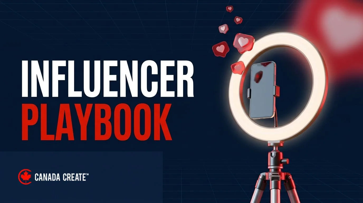 Influencer playbook: a ring light framing a smartphone on a tripod with floating hearts