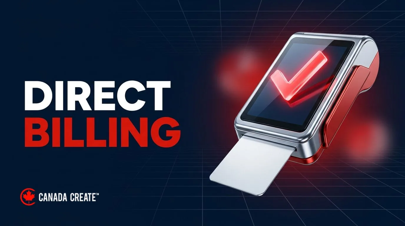 Direct billing: a benefits card sliding into a chrome payment terminal with a red checkmark bursting from the screen