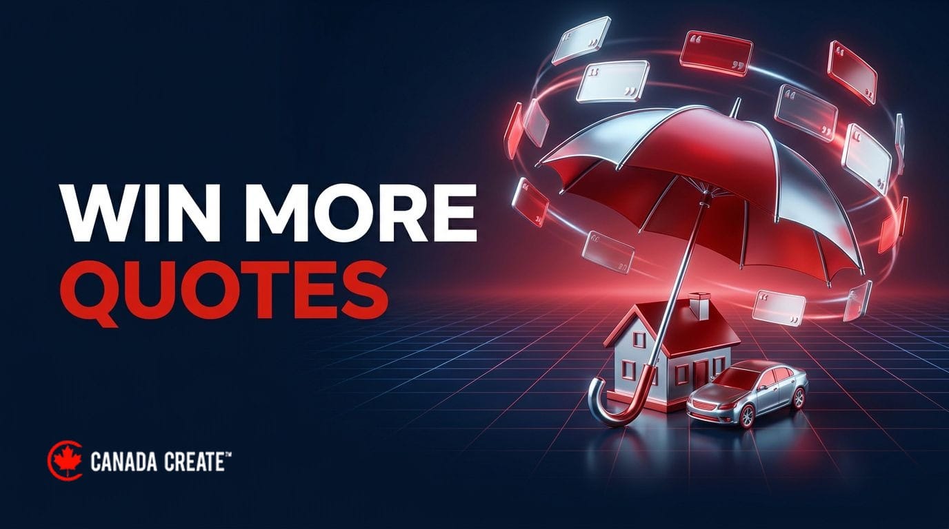 Win more quotes: a chrome umbrella with a red canopy over a small house and car, with quote cards flying up