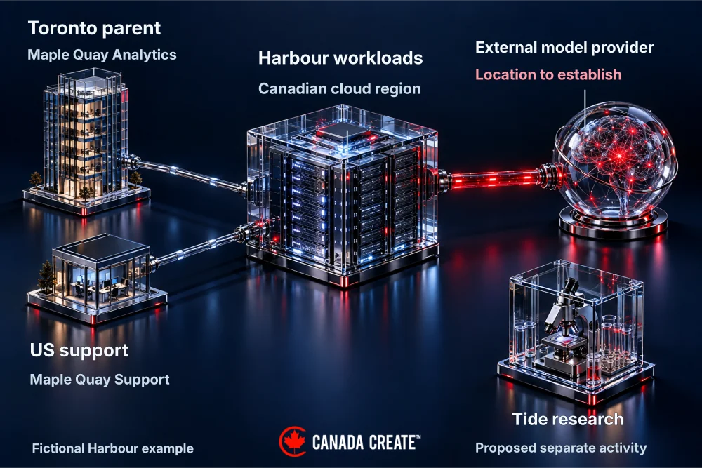 The fictional Canadian parent and US support subsidiary connect to Harbour, Canadian cloud workloads and an external model provider.