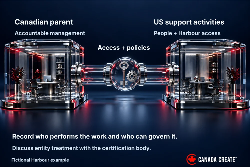 A Canadian parent and US support entity are joined by service responsibilities and management authority.
