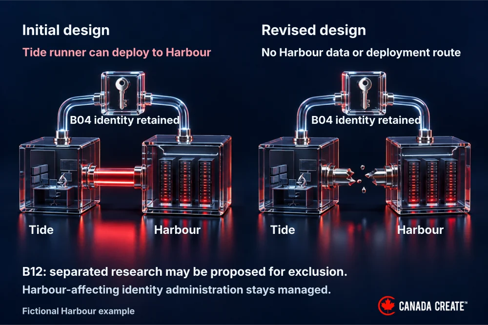 The first fictional design lets Tide deploy to Harbour; the revised design removes that route while Harbour-affecting identity administration stays managed.