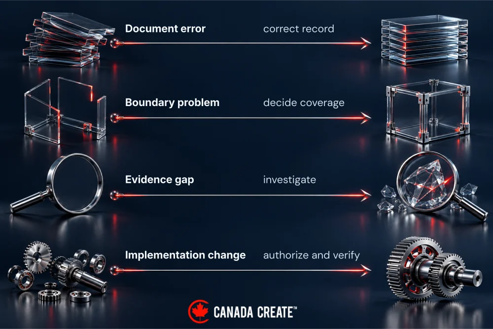 Document error, unsupported boundary, missing evidence and implementation change lead to different next steps.