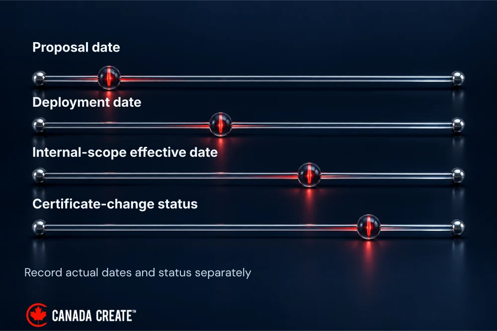 Four distinct status lines show that planned change, deployment, scope update and certificate revision need not be simultaneous.