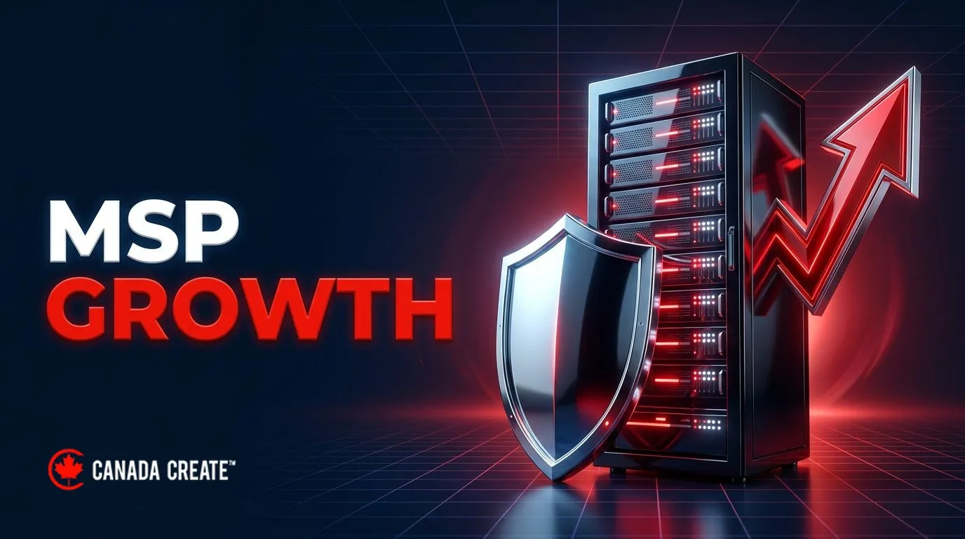 MSP growth: a server rack with red lights behind a chrome shield and a red arrow rising upward