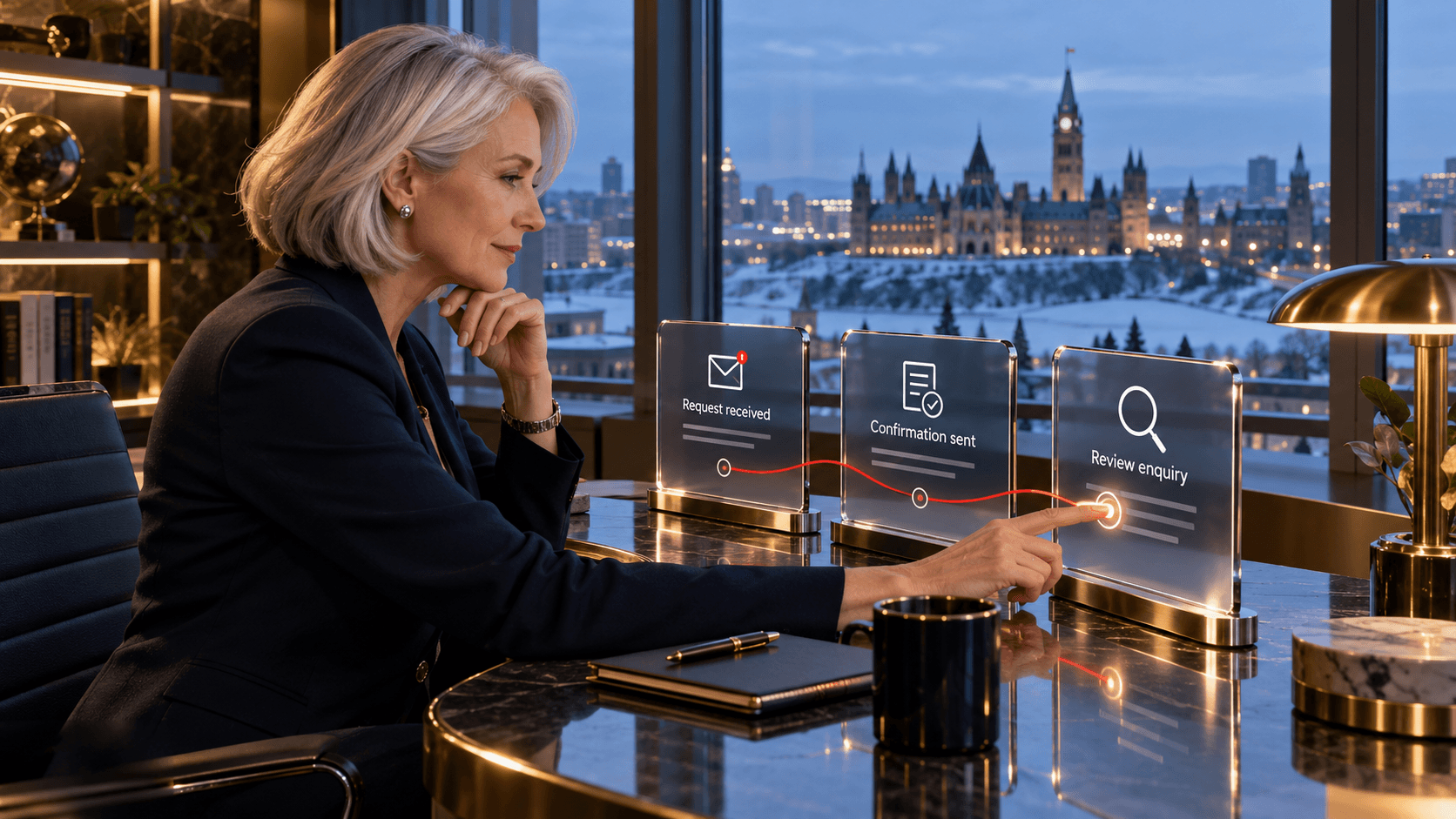 Business owner reviewing the confirmation and routing of a landing-page enquiry in Ottawa.