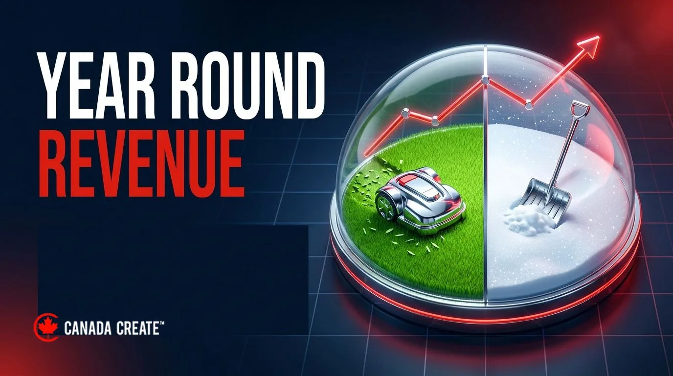 Year round revenue: a diorama split between green lawn with a mower and snow with a shovel under a red line chart
