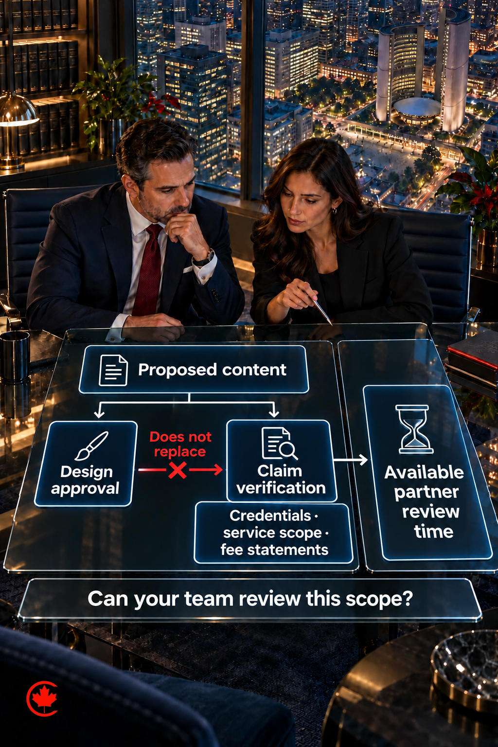 A law-firm partner compares proposed content with partner review time and asks whether the team can review that scope.