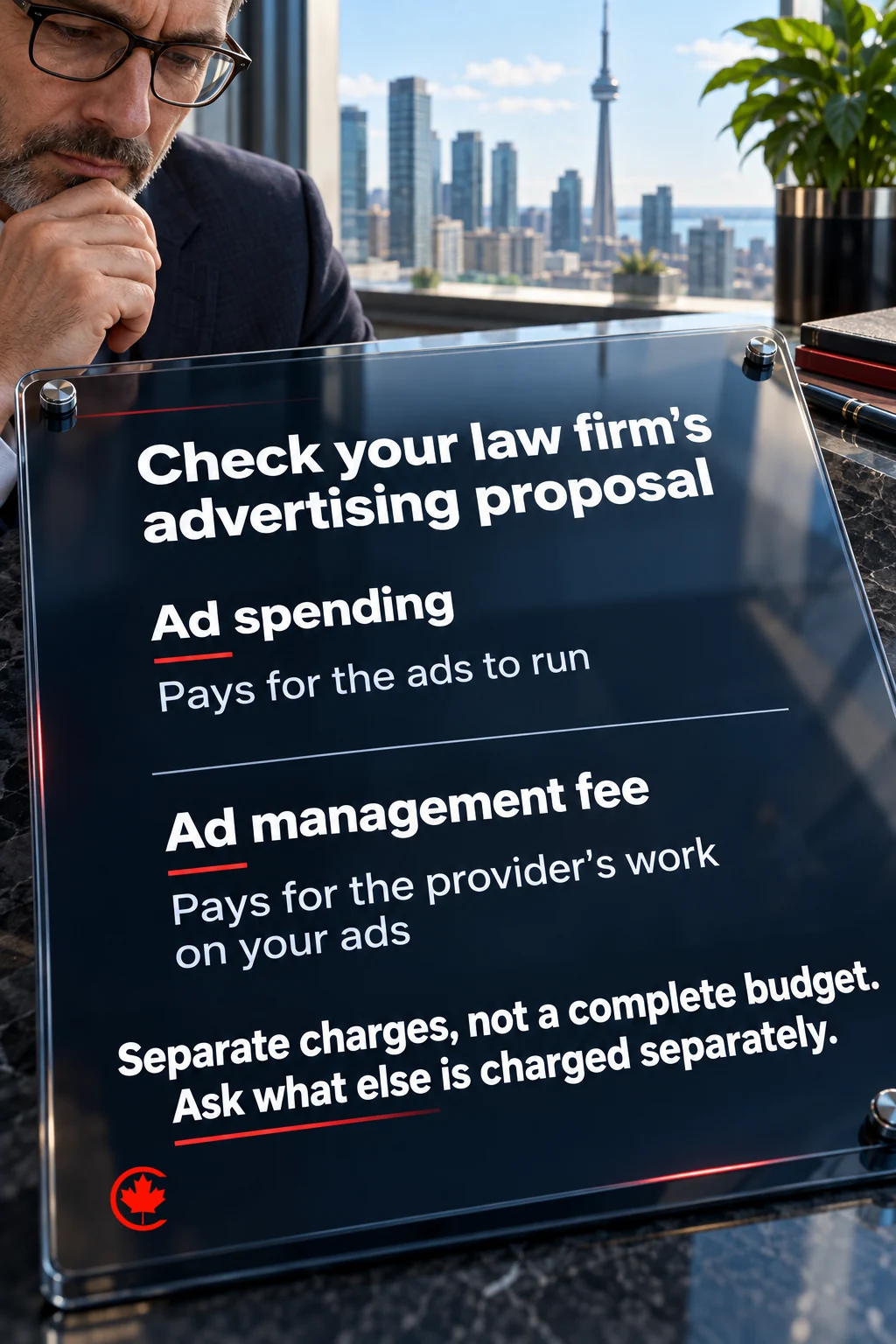 A law-firm advertising proposal distinguishes spending to run the ads from the provider's ad management work, warns that these are not a complete budget, and asks which other costs are charged separately.