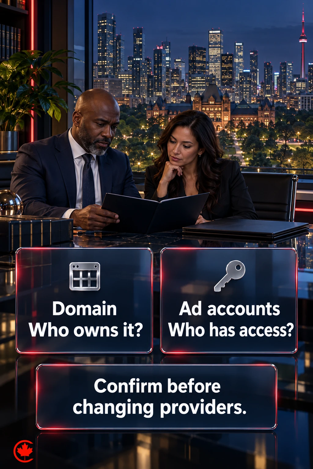 A law-firm owner checks who owns the domain and who has access to advertising accounts before changing providers.