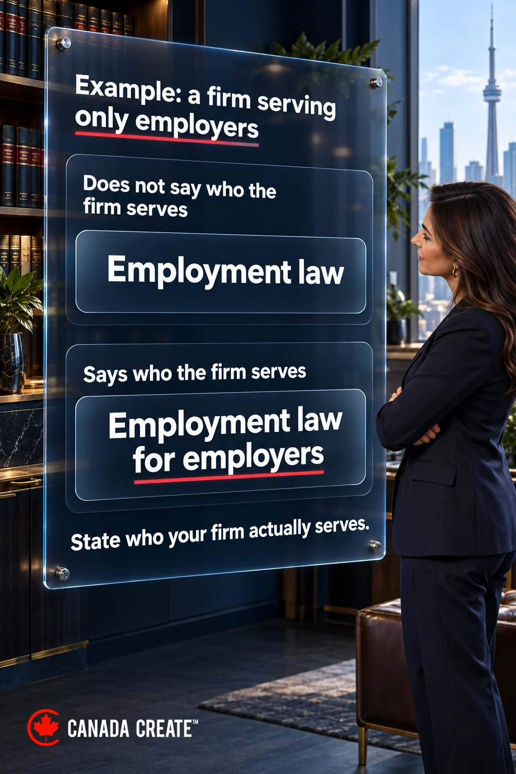 Illustrative firm serving only employers: “Employment law” does not identify its client group; “Employment law for employers” does.
