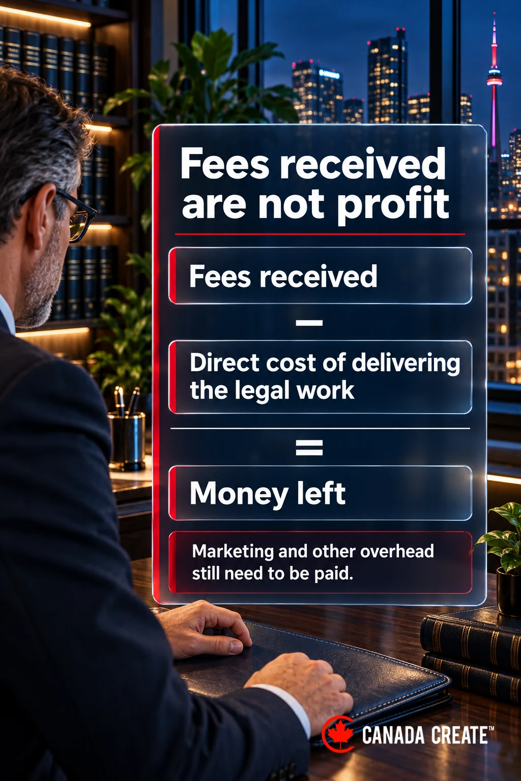 Fees received minus the direct cost of delivering legal work leaves money that must still cover marketing and other overhead before any profit remains.