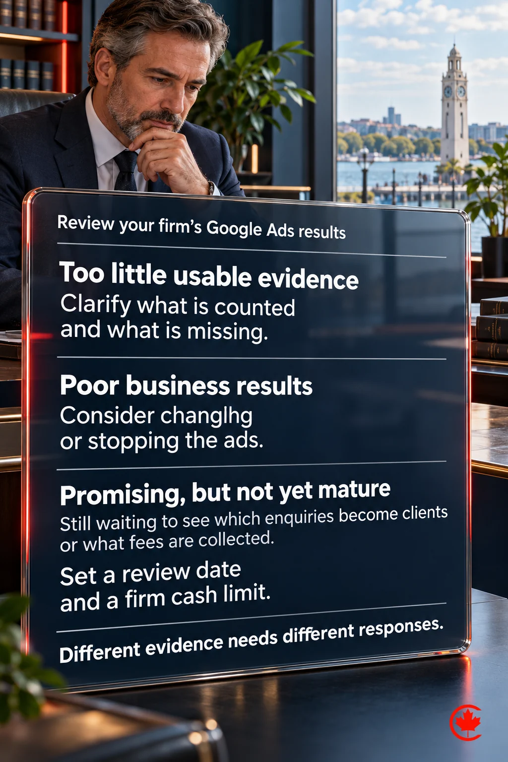 Law-firm Google Ads review: clarify missing evidence, consider changing or stopping ads with poor business results, and set a review date and cash limit while promising enquiries or collections remain pending.