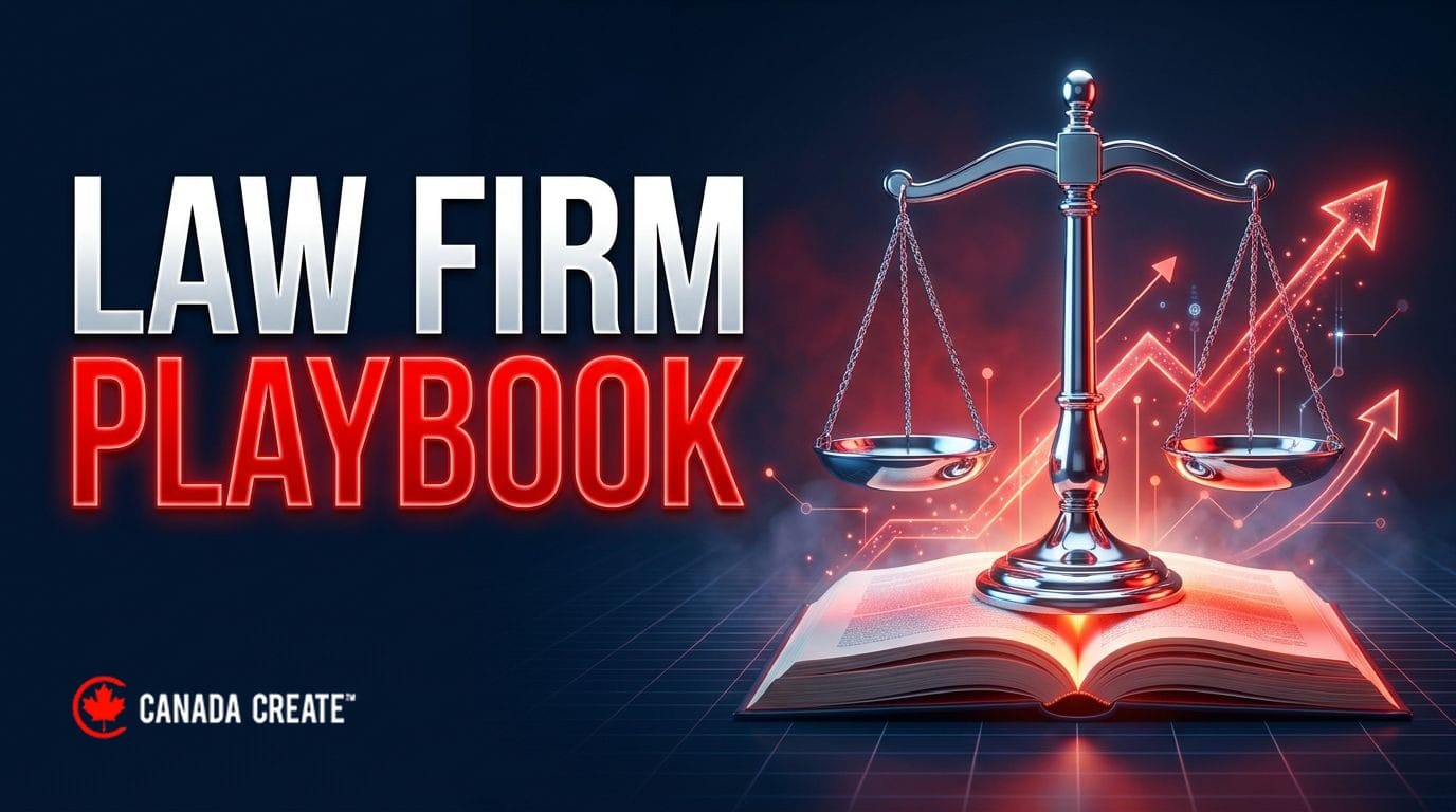 Law firm playbook: chrome scales of justice on an open glowing playbook with red strategy arrows rising from the pages