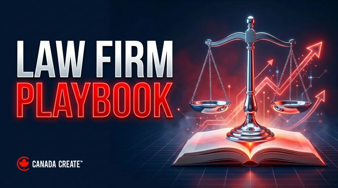 Law firm playbook: chrome scales of justice on an open glowing playbook with red strategy arrows rising from the pages