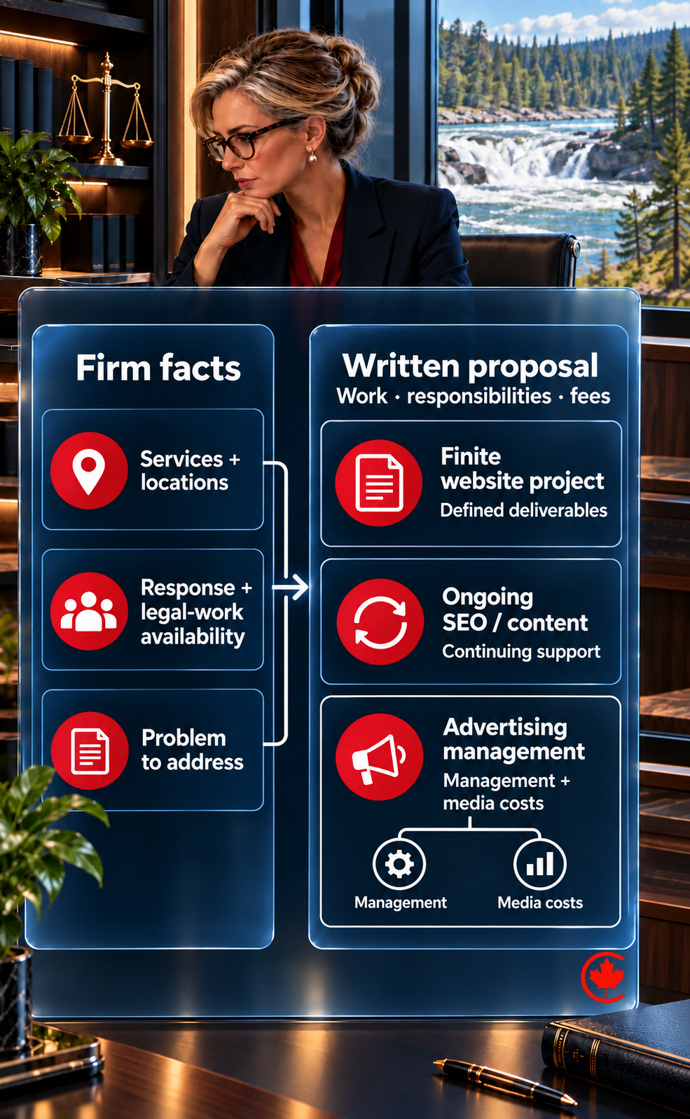 Law-firm proposal preparation: confirm services and locations, check team availability, identify the problem and request written work, responsibilities and fees.