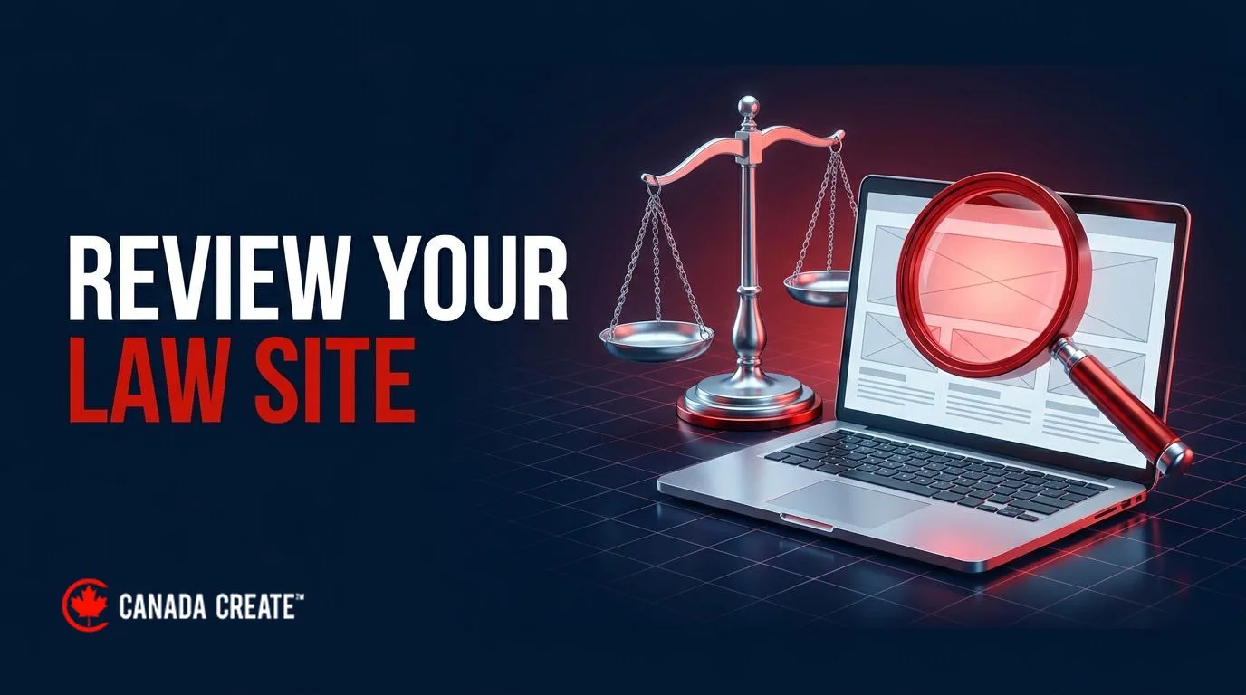 Review your law site: scales of justice beside a laptop under a magnifying glass
