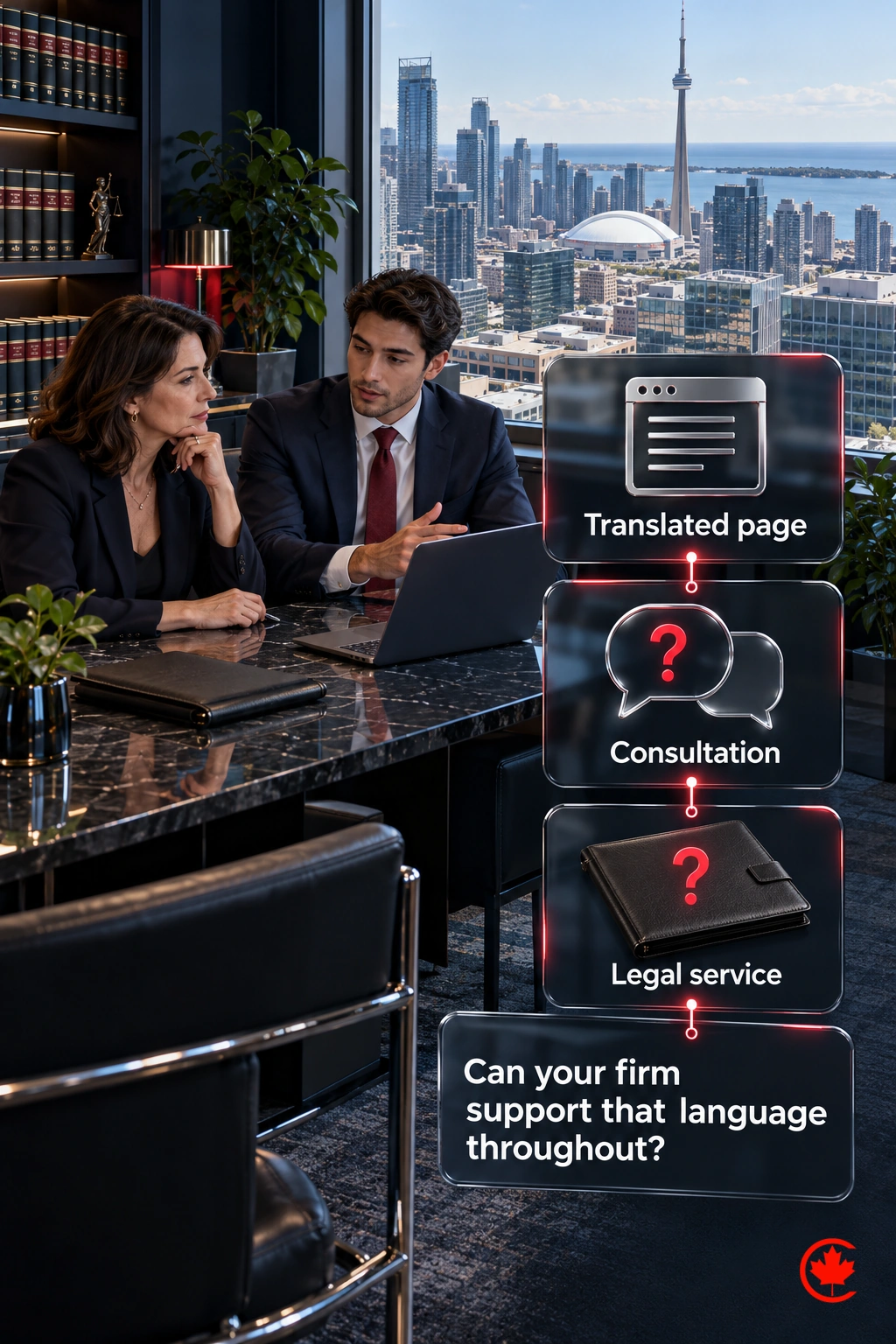 A law-firm owner checks whether a translated page, consultation and legal service can all be supported in the same language.