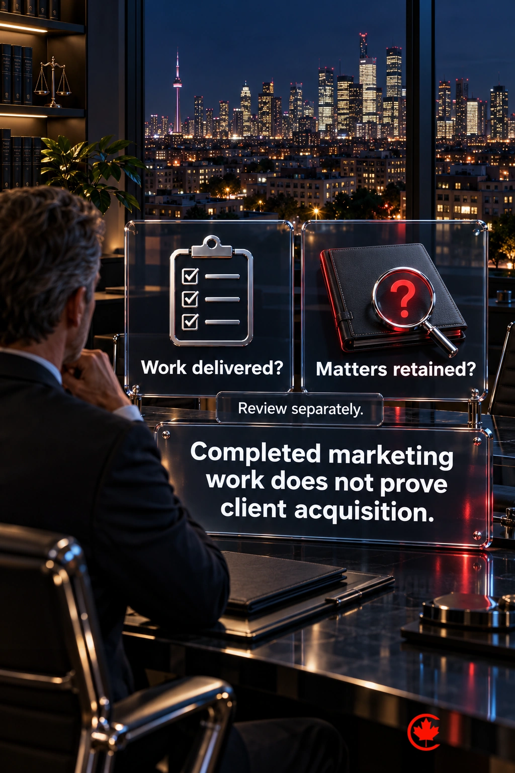 A law-firm partner reviews completed marketing work separately from retained matters; the first does not prove client acquisition.