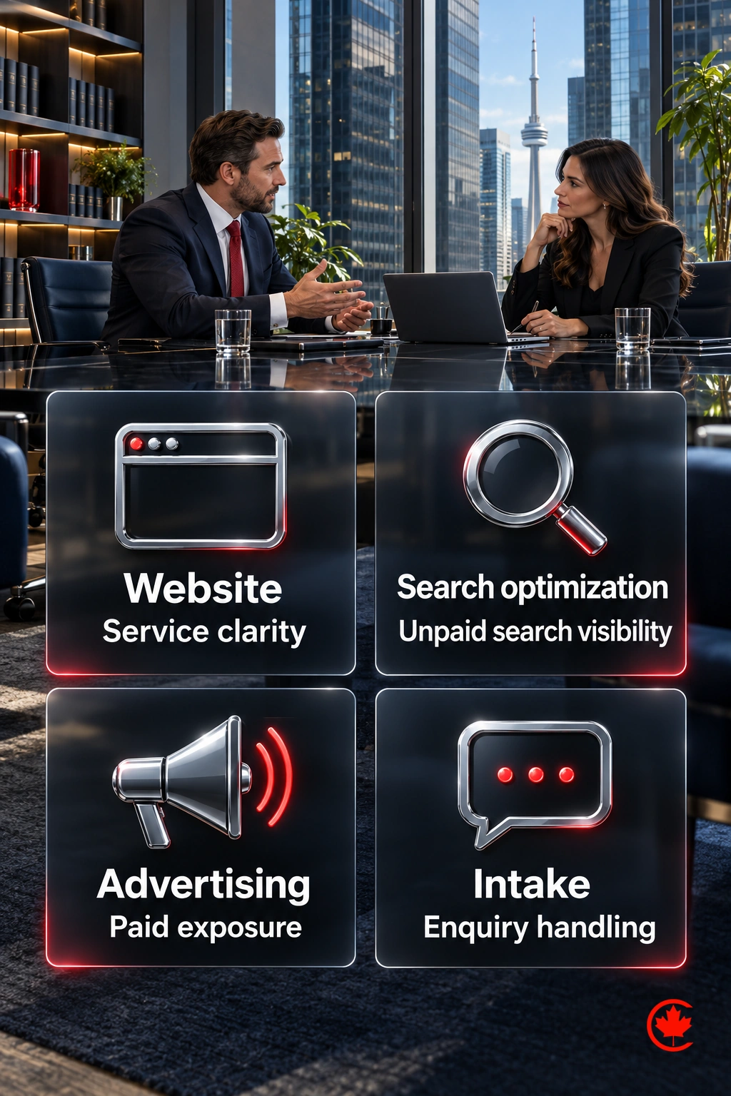 Glass panels distinguish website service clarity, unpaid search visibility, paid advertising exposure and intake enquiry handling for a law-firm marketing decision.