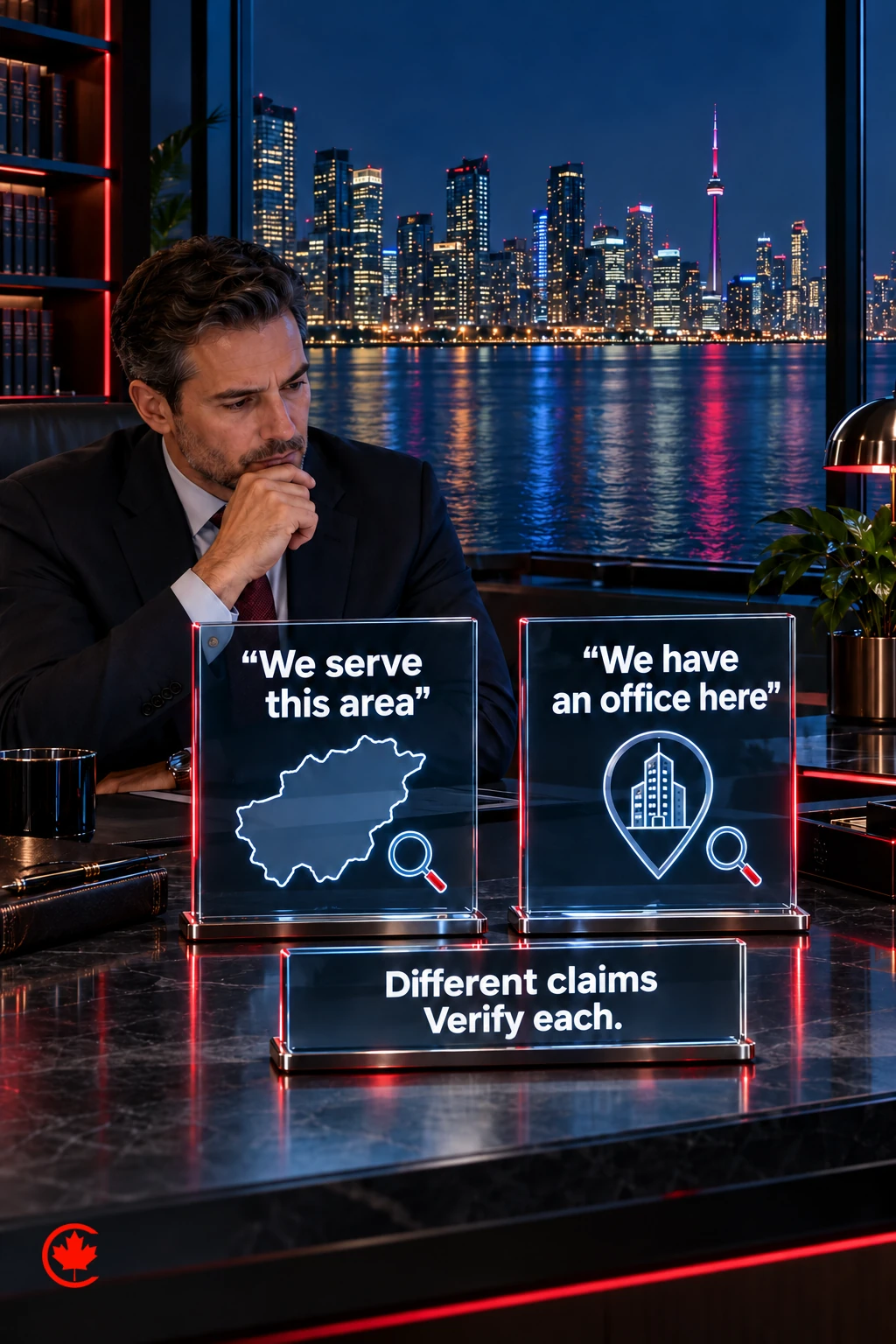Two glass panels distinguish serving an area from having an office there and ask the firm to verify each location claim.