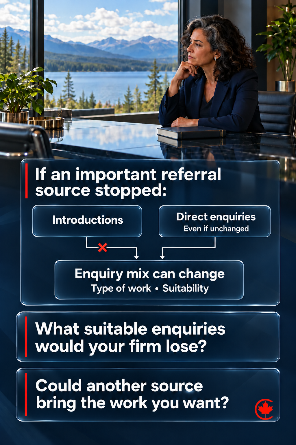 Law practice owners are asked what suitable enquiries they would lose if an important referral source stopped, and whether another source could bring the work they want before investing.