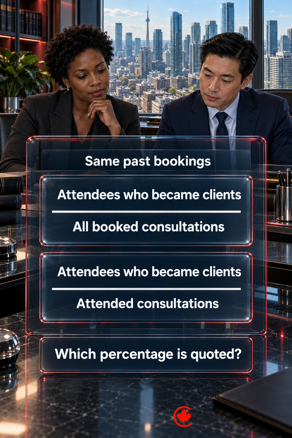Two ratios divide the same number of people who became clients by all booked consultations or by attended consultations from the same past bookings, asking which percentage is quoted.