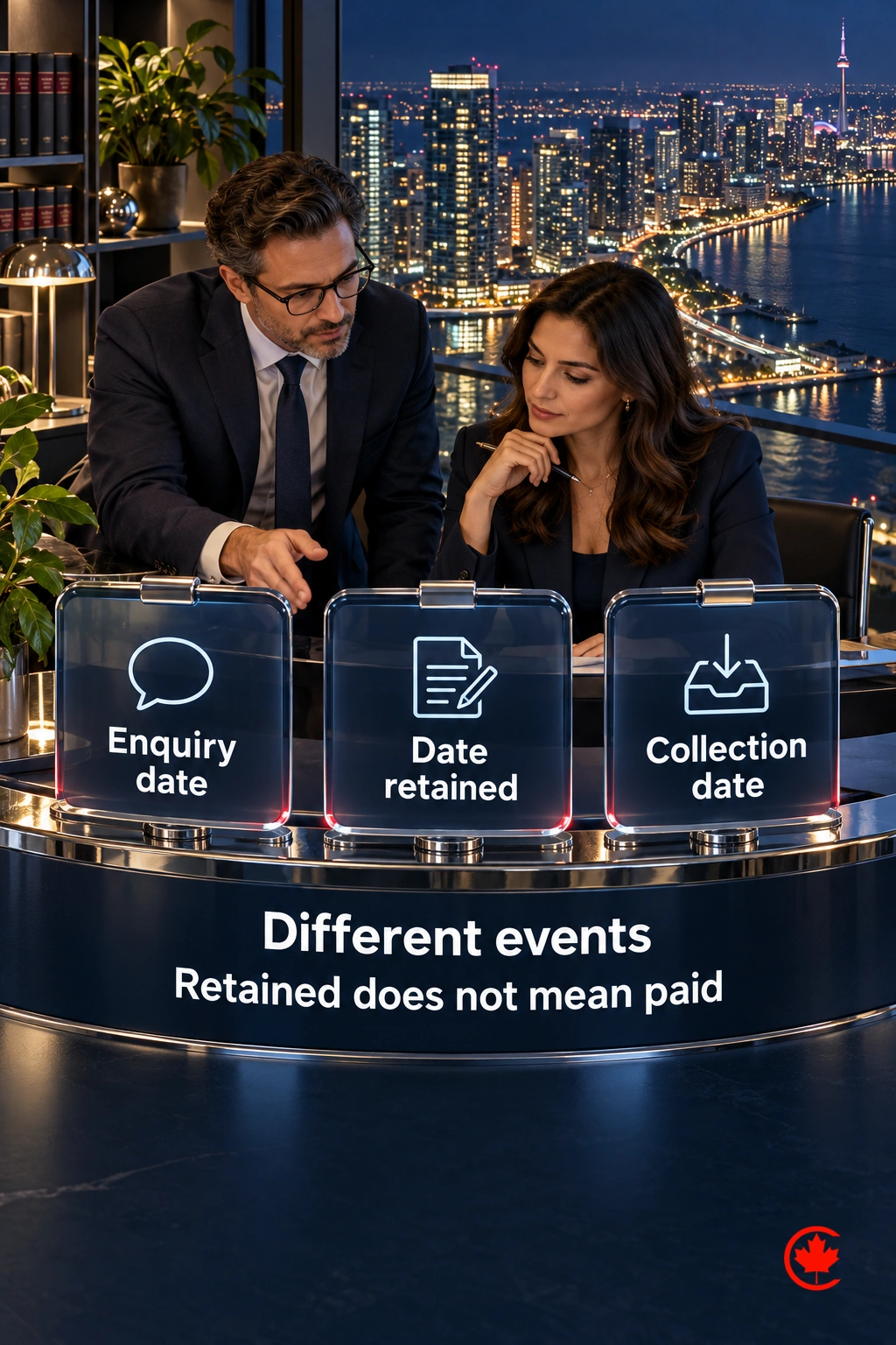 Three separate event markers identify enquiry, retention and collection dates, distinguishing engagement of the firm from fees actually received.