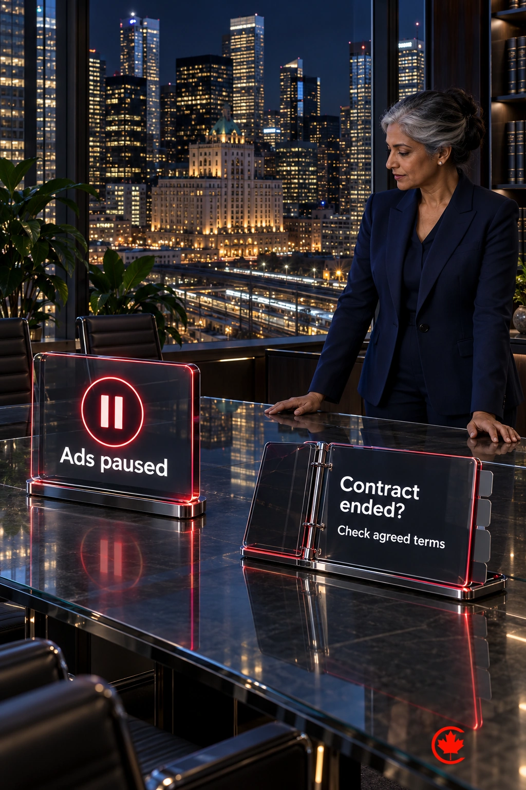 A paused advertising control sits apart from a contract folio asking whether the agreement has ended and prompting the firm to check its agreed terms.