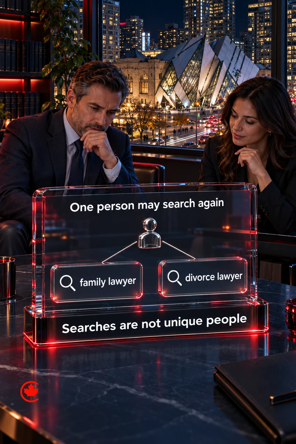 One person icon connects by undirected lines to family lawyer and divorce lawyer search panels. The model says One person may search again and Searches are not unique people.